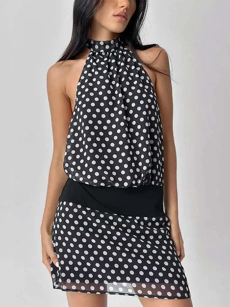 Polka Dot Patchwork Halter Mini Dress - Image 3