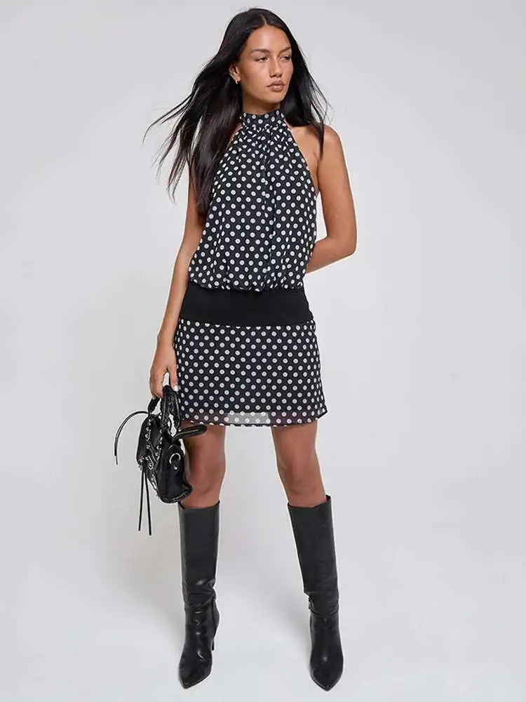 Polka Dot Patchwork Halter Mini Dress - Image 5