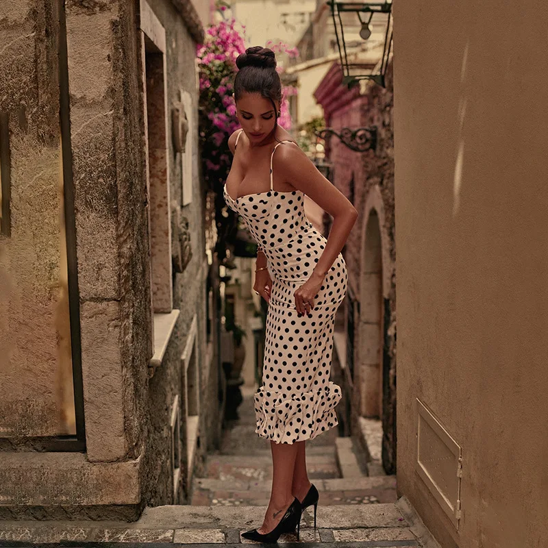 Polka Dot Suspender Ruched Prom Dress - Image 4