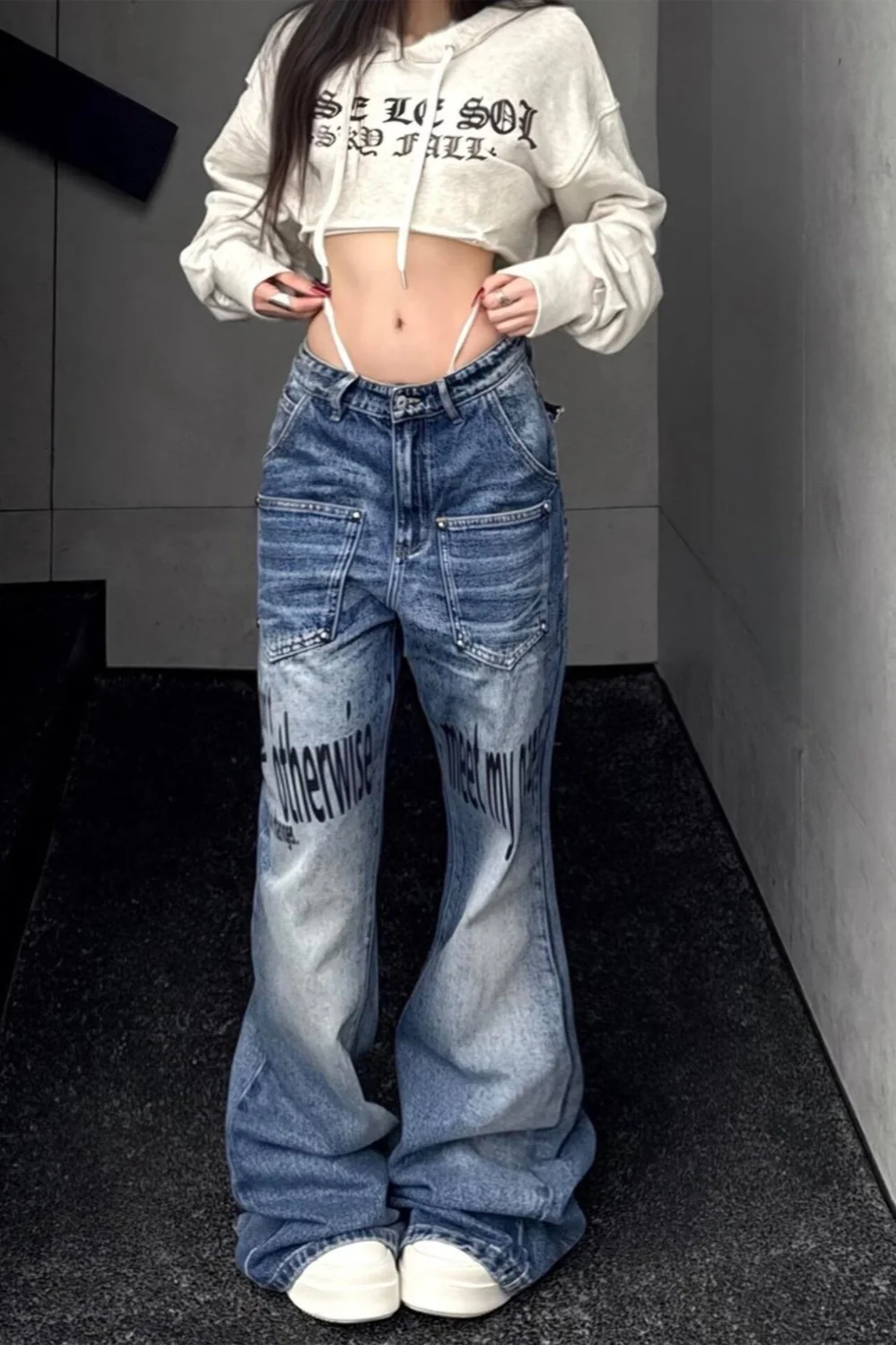 Premium Graphic Print Blue Stretch Slim Flare Jeans - Image 2