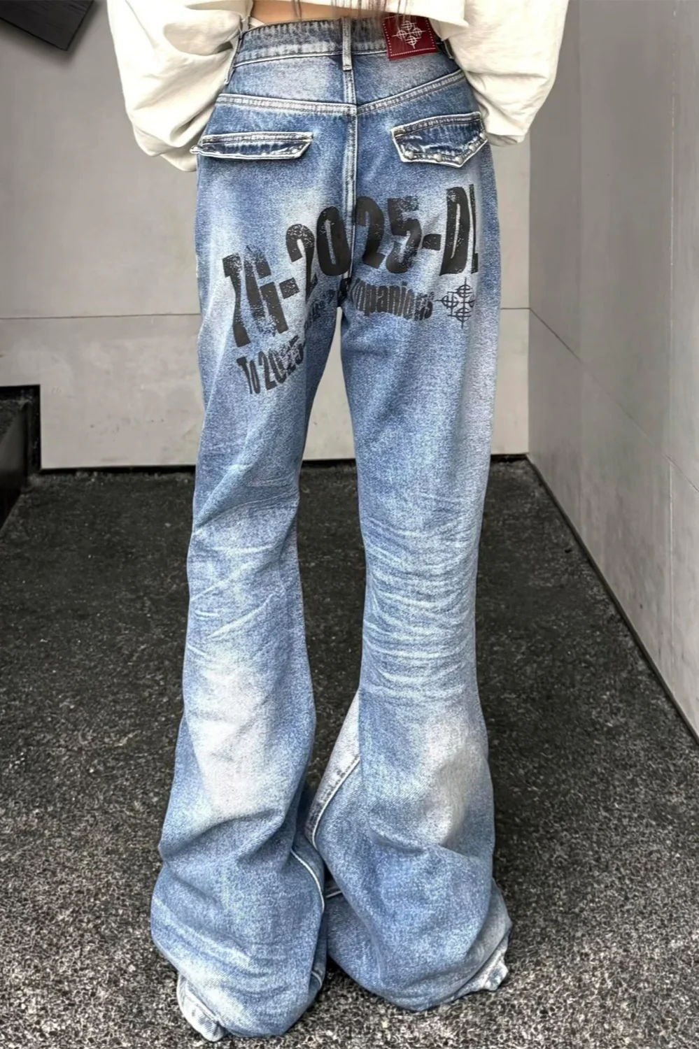 Premium Graphic Print Blue Stretch Slim Flare Jeans - Image 3