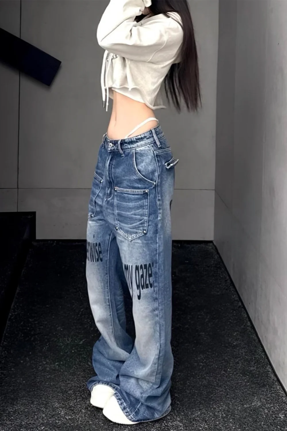 Premium Graphic Print Blue Stretch Slim Flare Jeans - Image 4