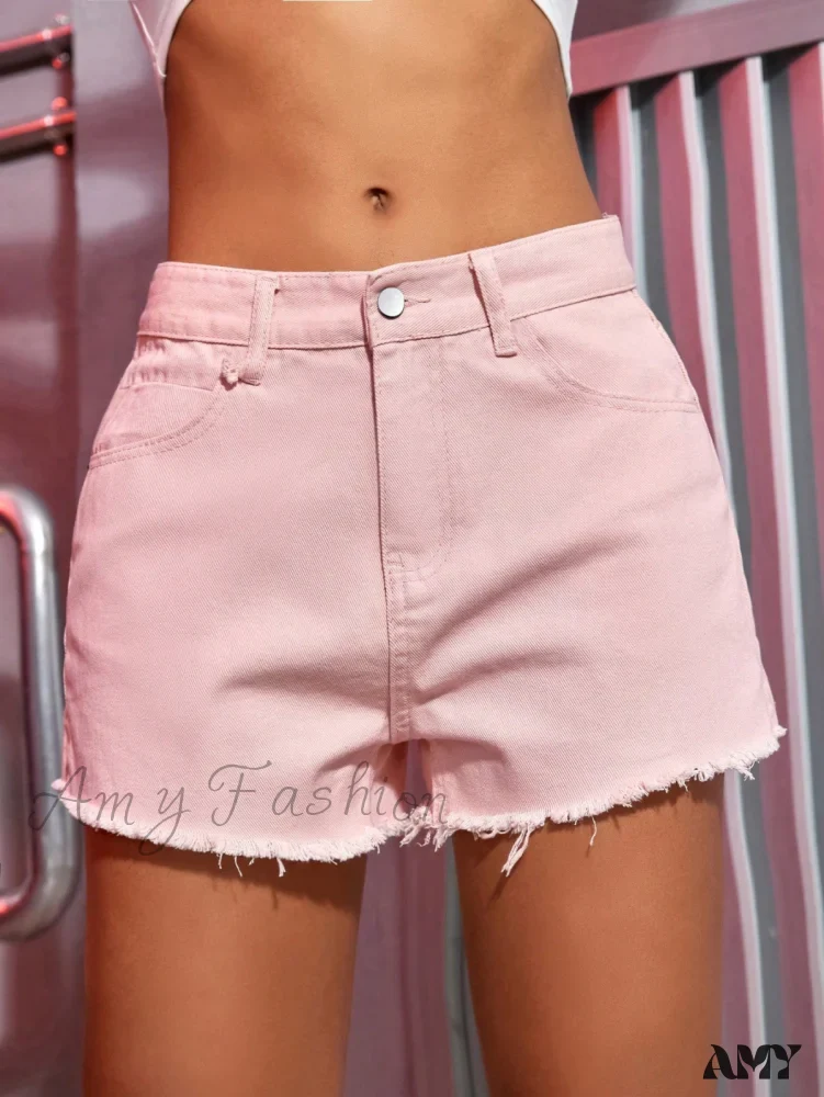 Amy Fashion - Preppy Pink Raw Hem Split Side Denim Shorts - Image 6