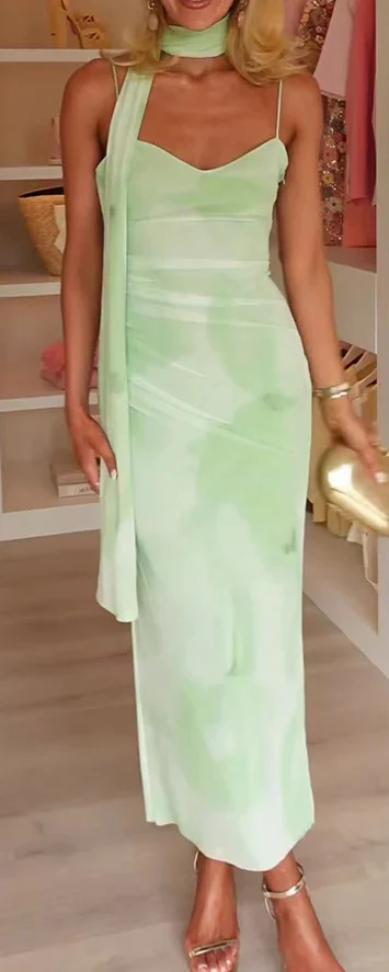 Printed Scarf Backless Sling Midi Dress