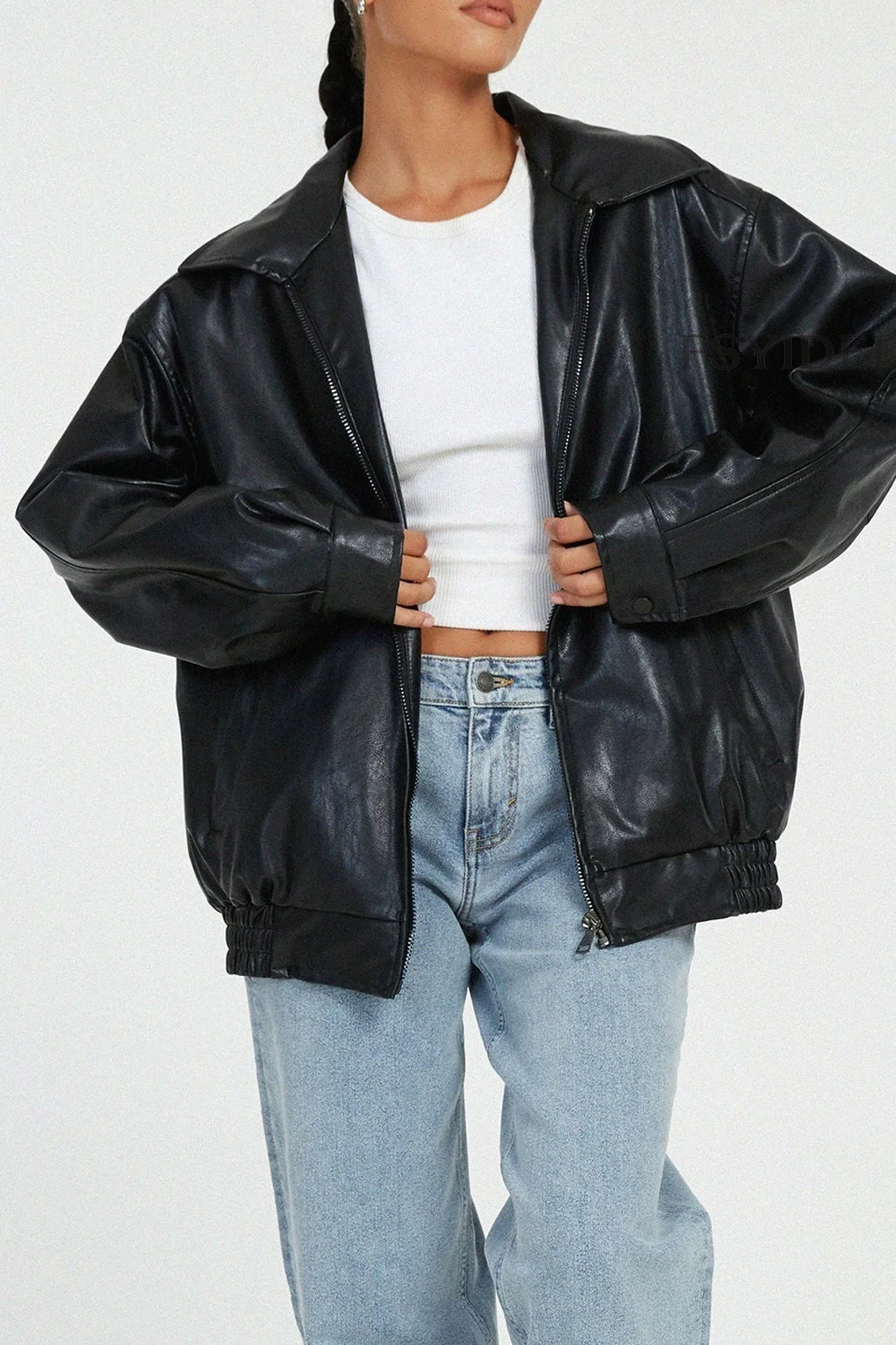 PU Leather Moto Oversized Collar Jacket - Image 5