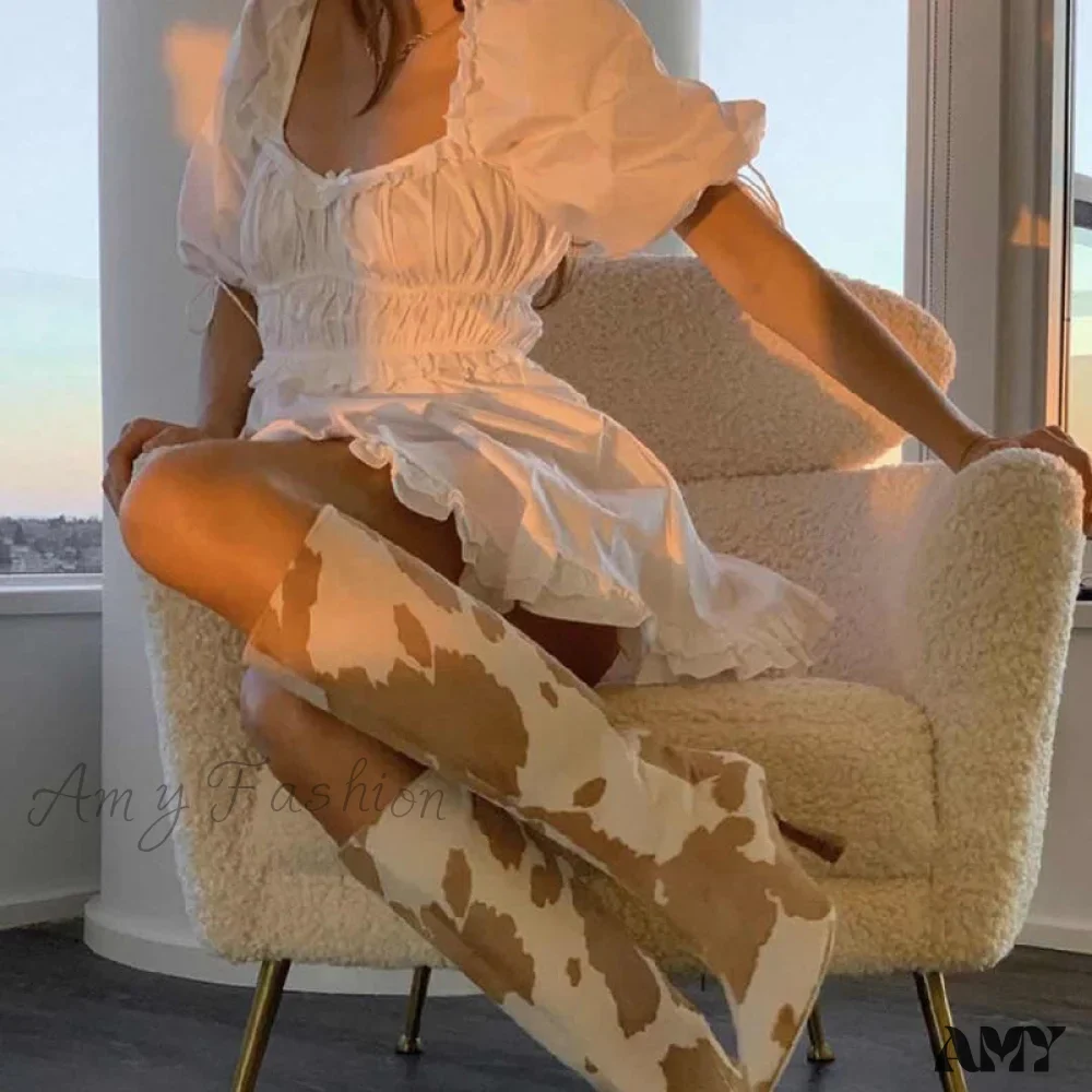 Amy Fashion - Puff Short Sleeve Square Neck Ruffles Bodycon Dress - Image 10