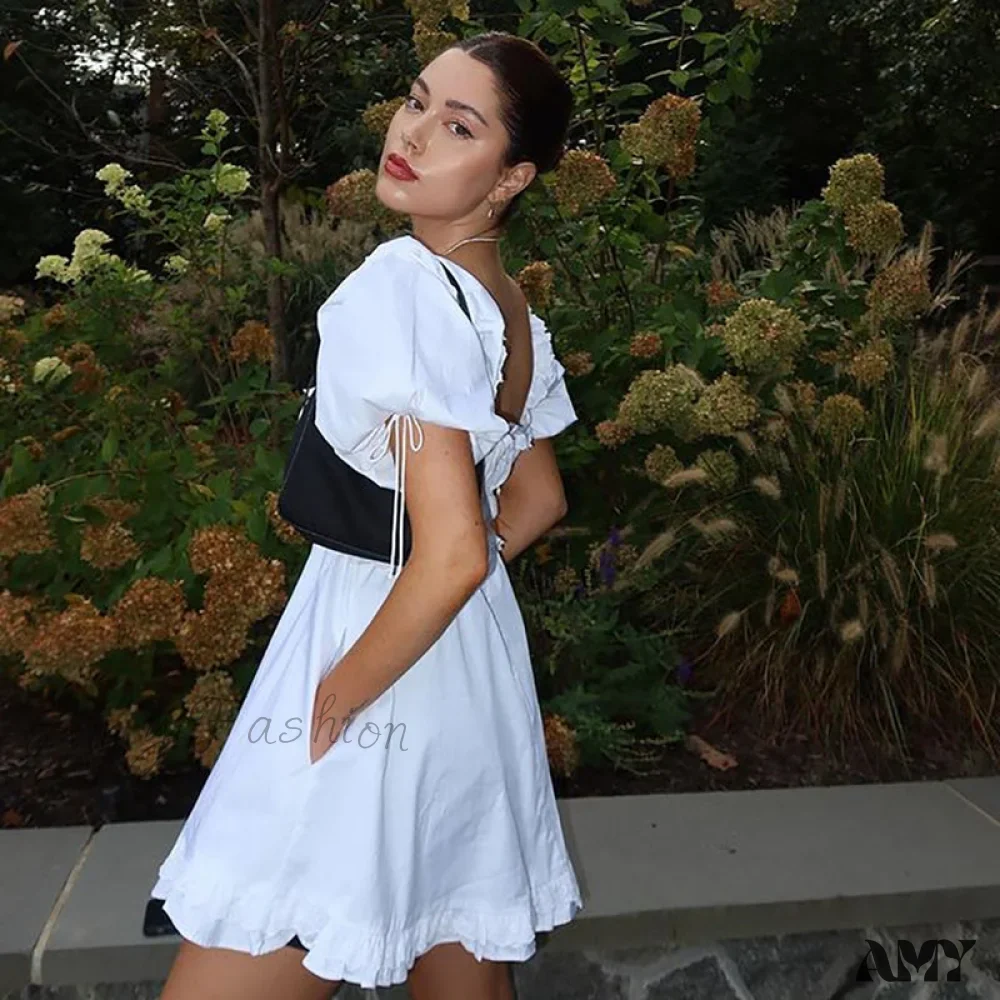 Amy Fashion - Puff Short Sleeve Square Neck Ruffles Bodycon Dress - Image 11