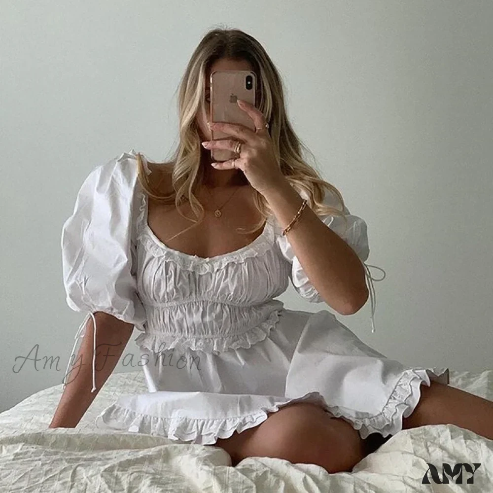 Amy Fashion - Puff Short Sleeve Square Neck Ruffles Bodycon Dress - Image 6