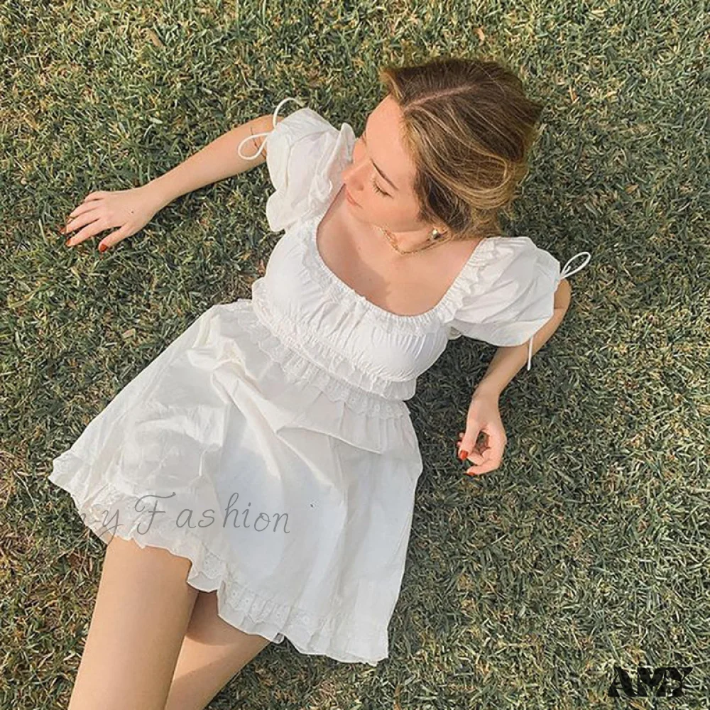 Amy Fashion - Puff Short Sleeve Square Neck Ruffles Bodycon Dress - Image 7