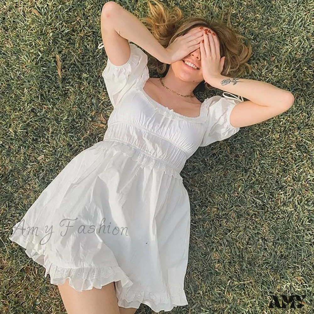 Amy Fashion - Puff Short Sleeve Square Neck Ruffles Bodycon Dress - Image 9