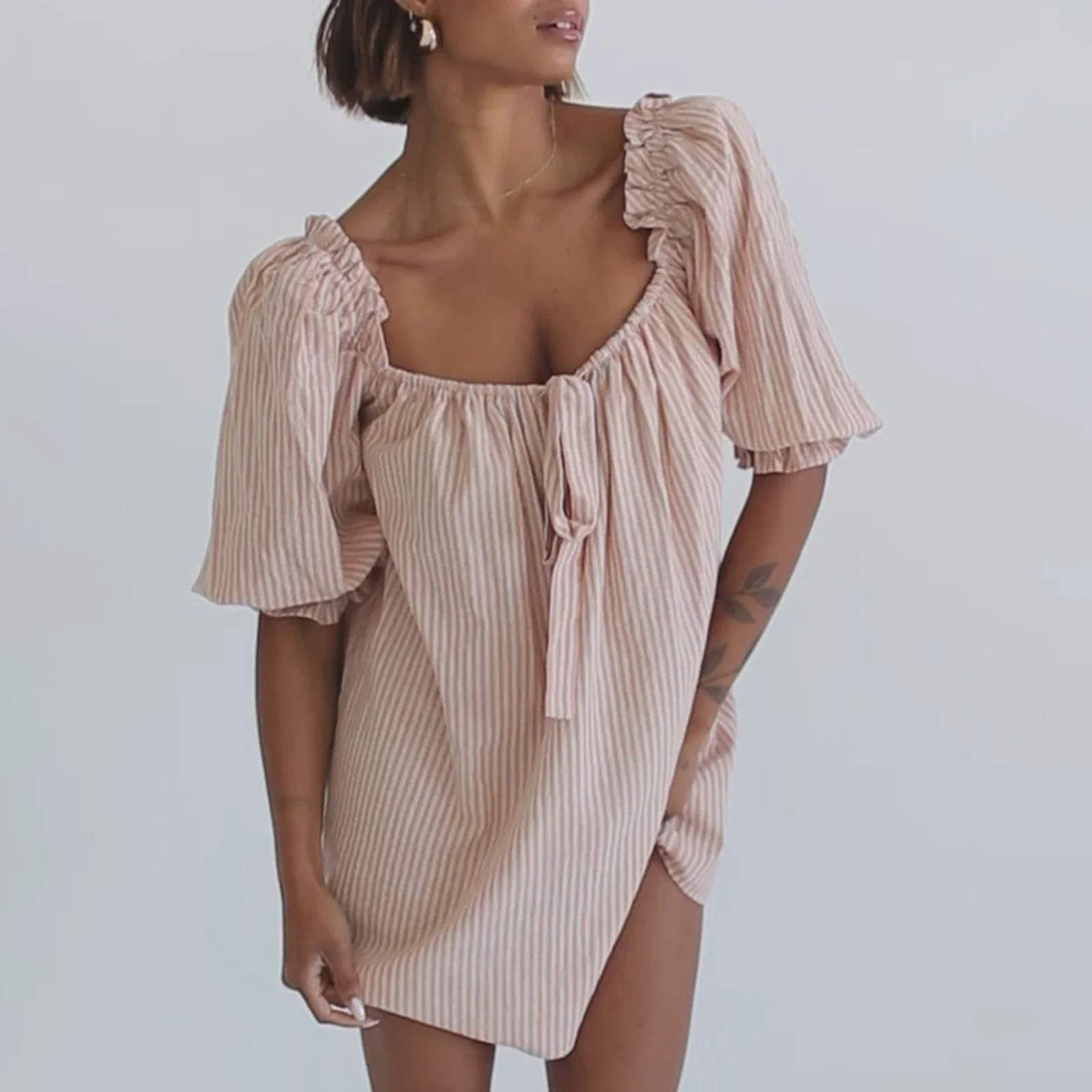 Puff Sleeve Plaid Bow Vacation Dress - Image 4