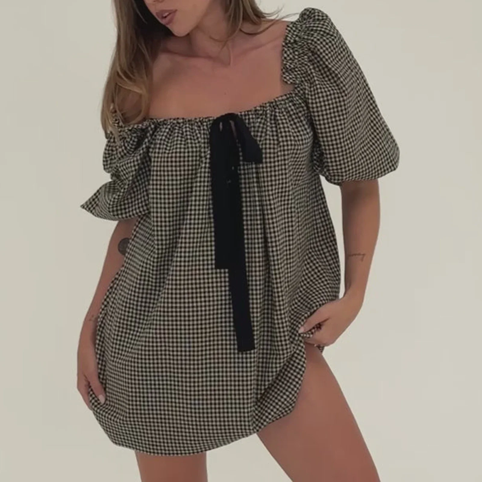 Puff Sleeve Plaid Bow Vacation Dress - Image 5