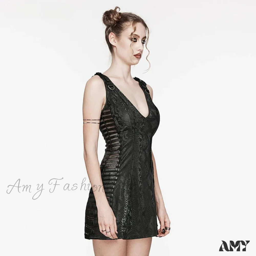 Punk Sexy Deep V-neck See-through Splicing Horizontal Mesh Daily Party Club Small Short Summer Gothic Dress - Image 2