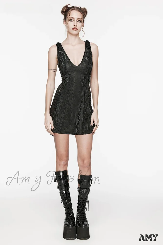 Punk Sexy Deep V-neck See-through Splicing Horizontal Mesh Daily Party Club Small Short Summer Gothic Dress - Image 3
