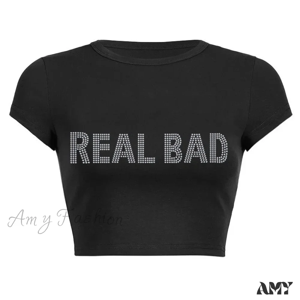Punk Vintage Real Bad Letters Black Gothic Harajuku Short Sleeve Crop Top - Image 3