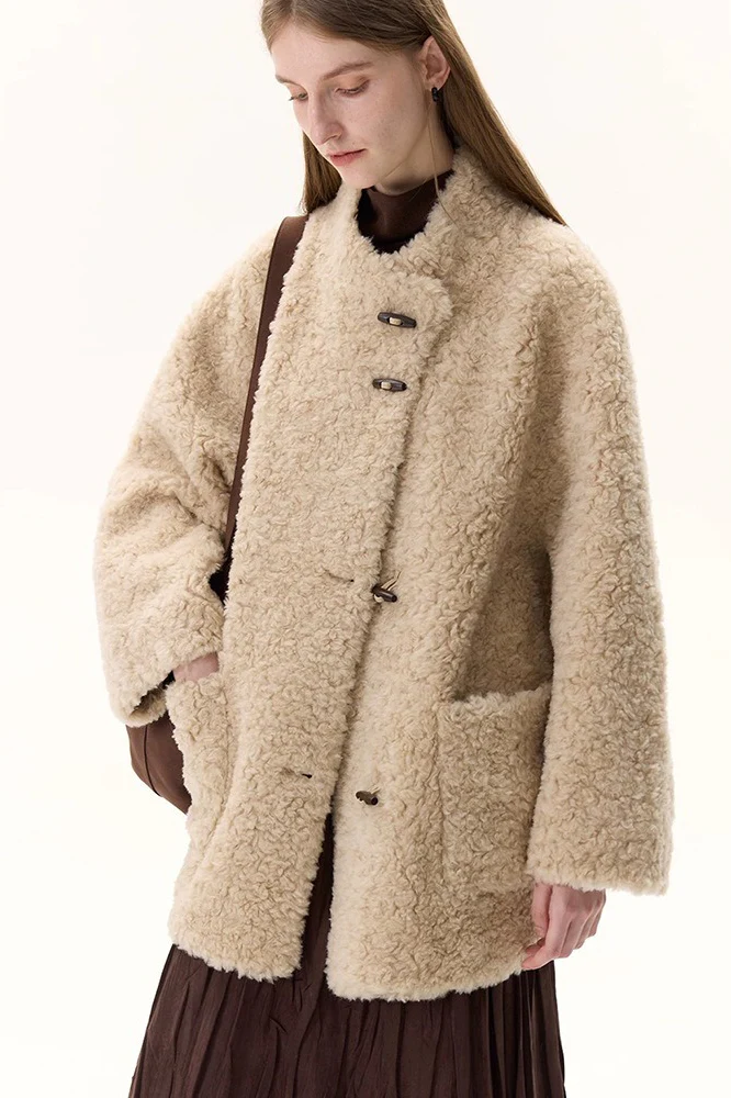 Pure Wool Bouclé Horn Button Shearling Coat - Image 2