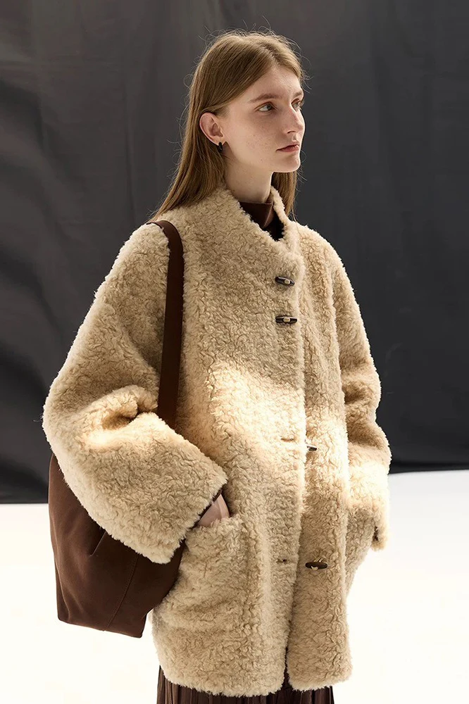 Pure Wool Bouclé Horn Button Shearling Coat - Image 5
