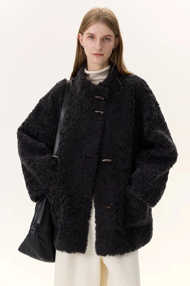 Pure Wool Bouclé Horn Button Shearling Coat - Image 6