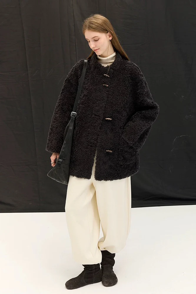 Pure Wool Bouclé Horn Button Shearling Coat - Image 8