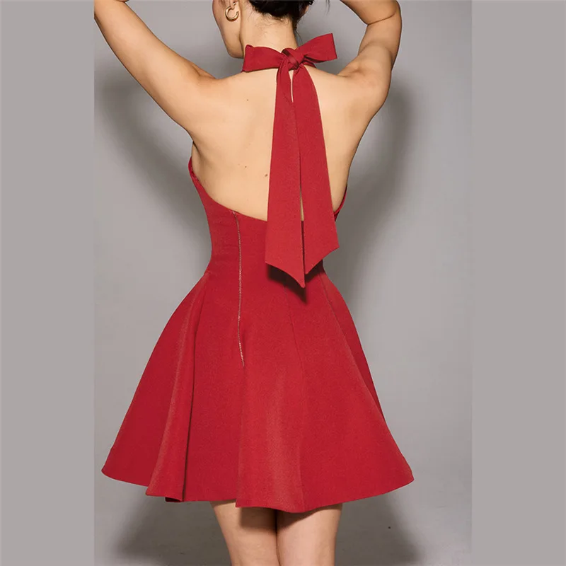 Red Halter Neck Splice High Waist Prom Dress - Image 3