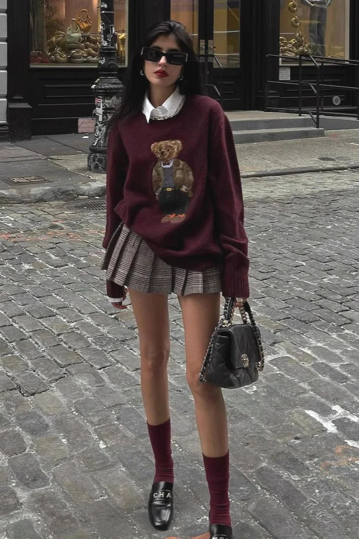 Retro Bear Embroidered Slim Knit Sweater - Image 2