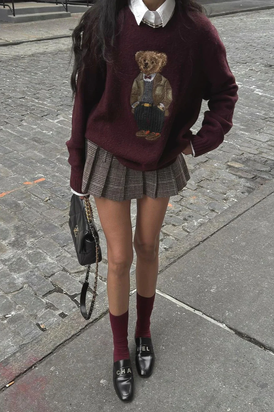 Retro Bear Embroidered Slim Knit Sweater - Image 3