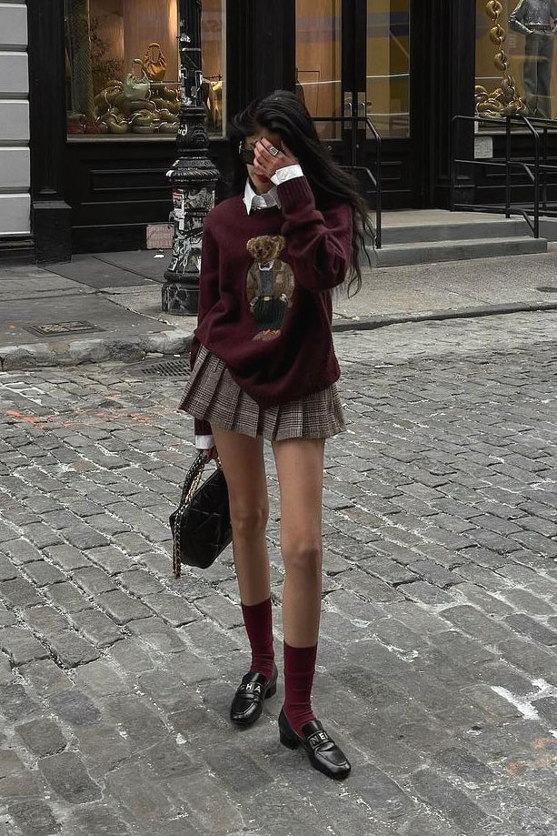 Retro Bear Embroidered Slim Knit Sweater - Image 5