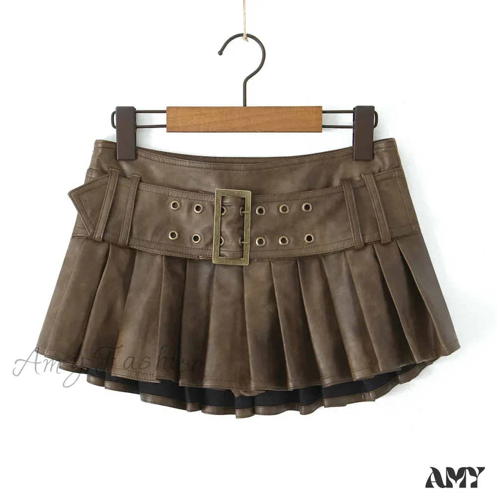 Retro Buckle Belt Low Waist Sexy Leather Pleated Mini Skirt - Image 3
