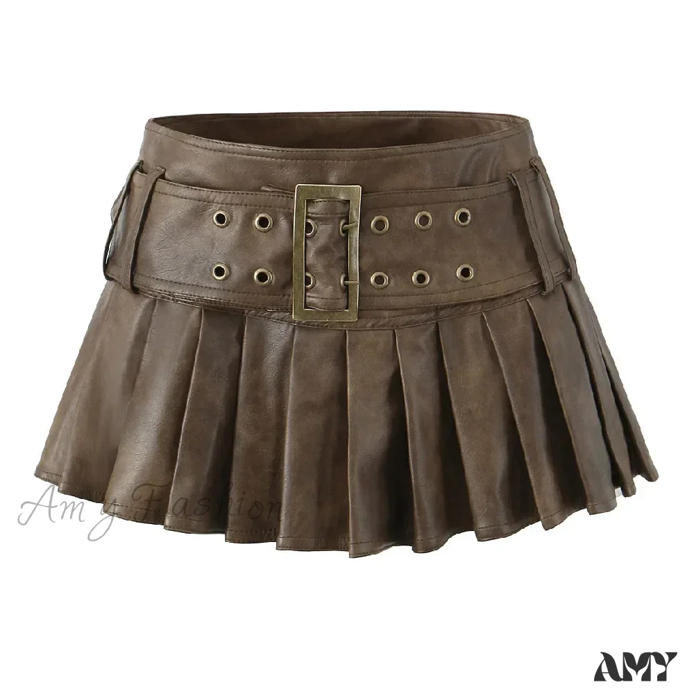 Retro Buckle Belt Low Waist Sexy Leather Pleated Mini Skirt - Image 7