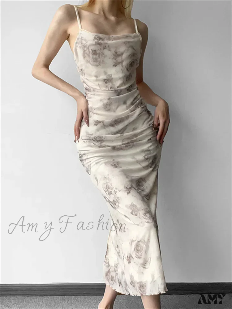 Amy Fashion - Retro Floral Print  for Women Sleeveless Strap V-neck Ruched Split Summer Party Female Vestidos - Image 2