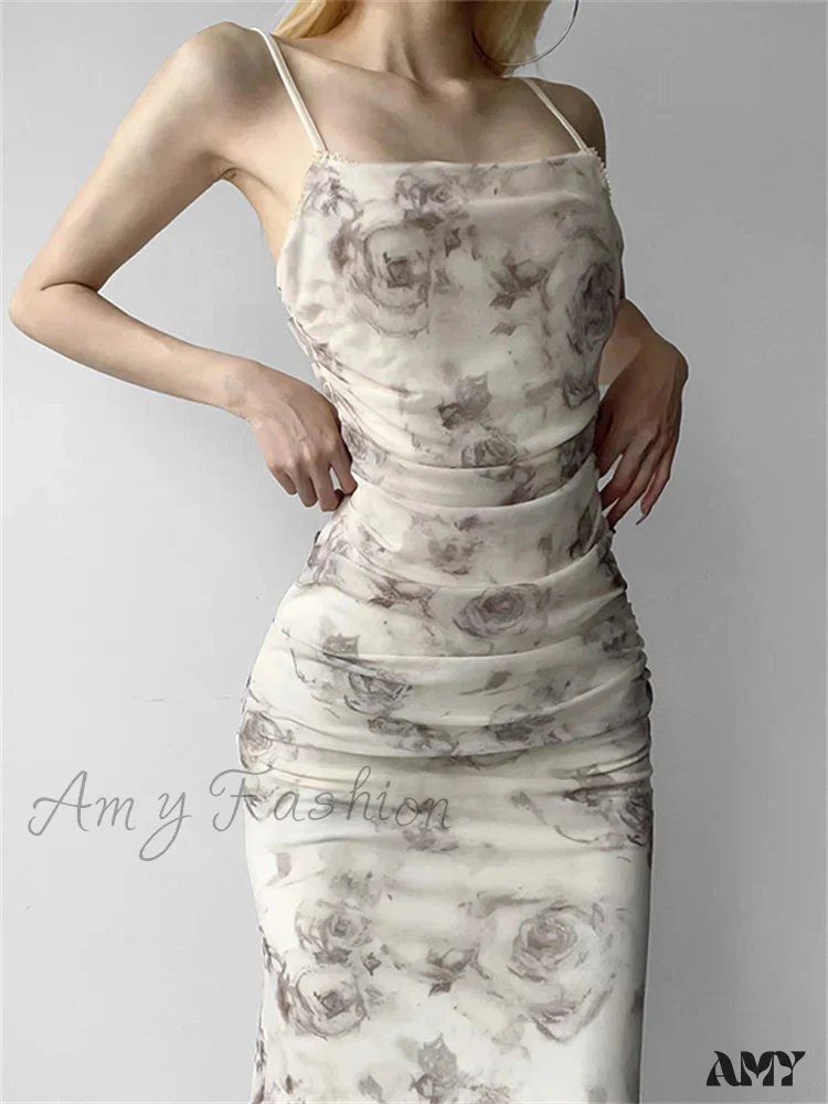 Amy Fashion - Retro Floral Print  for Women Sleeveless Strap V-neck Ruched Split Summer Party Female Vestidos - Image 3