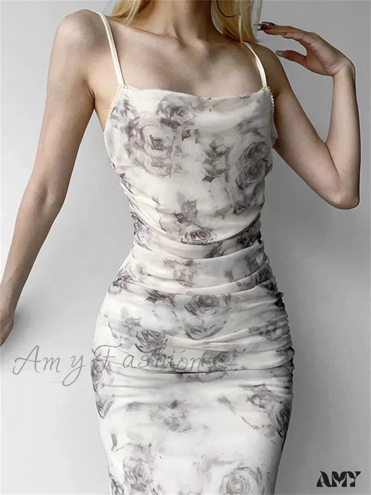 Amy Fashion - Retro Floral Print  for Women Sleeveless Strap V-neck Ruched Split Summer Party Female Vestidos - Image 4