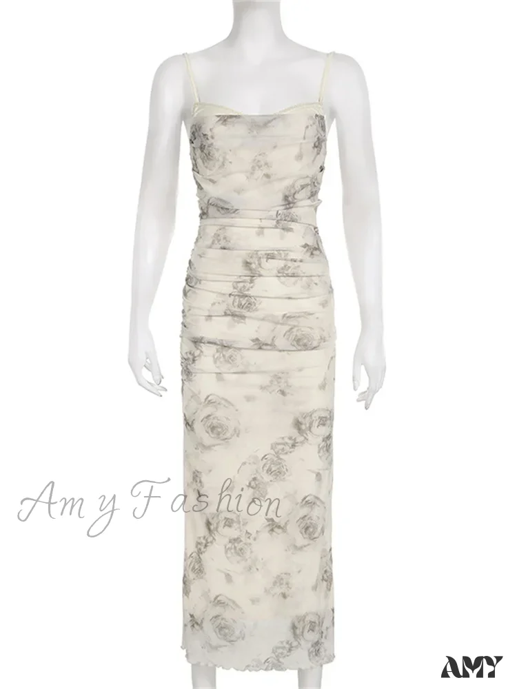 Amy Fashion - Retro Floral Print  for Women Sleeveless Strap V-neck Ruched Split Summer Party Female Vestidos - Image 5