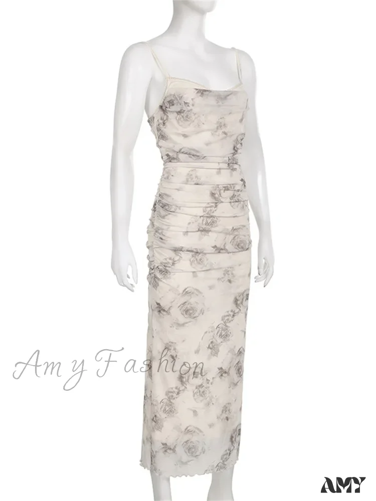 Amy Fashion - Retro Floral Print  for Women Sleeveless Strap V-neck Ruched Split Summer Party Female Vestidos - Image 6
