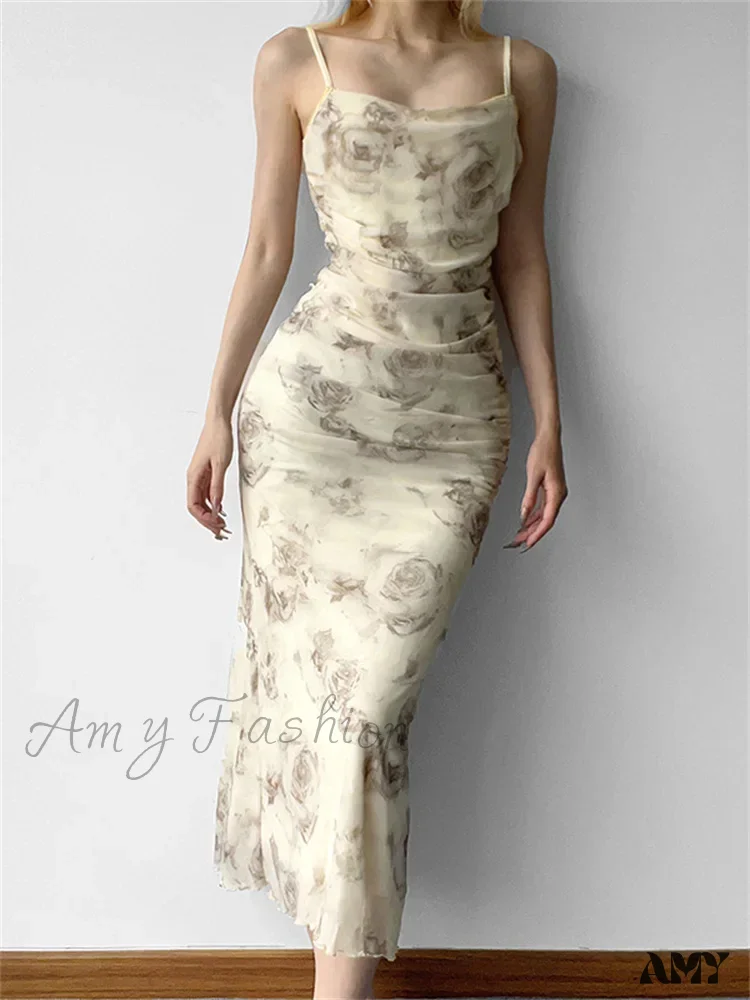 Amy Fashion - Retro Floral Print  for Women Sleeveless Strap V-neck Ruched Split Summer Party Female Vestidos - Image 7