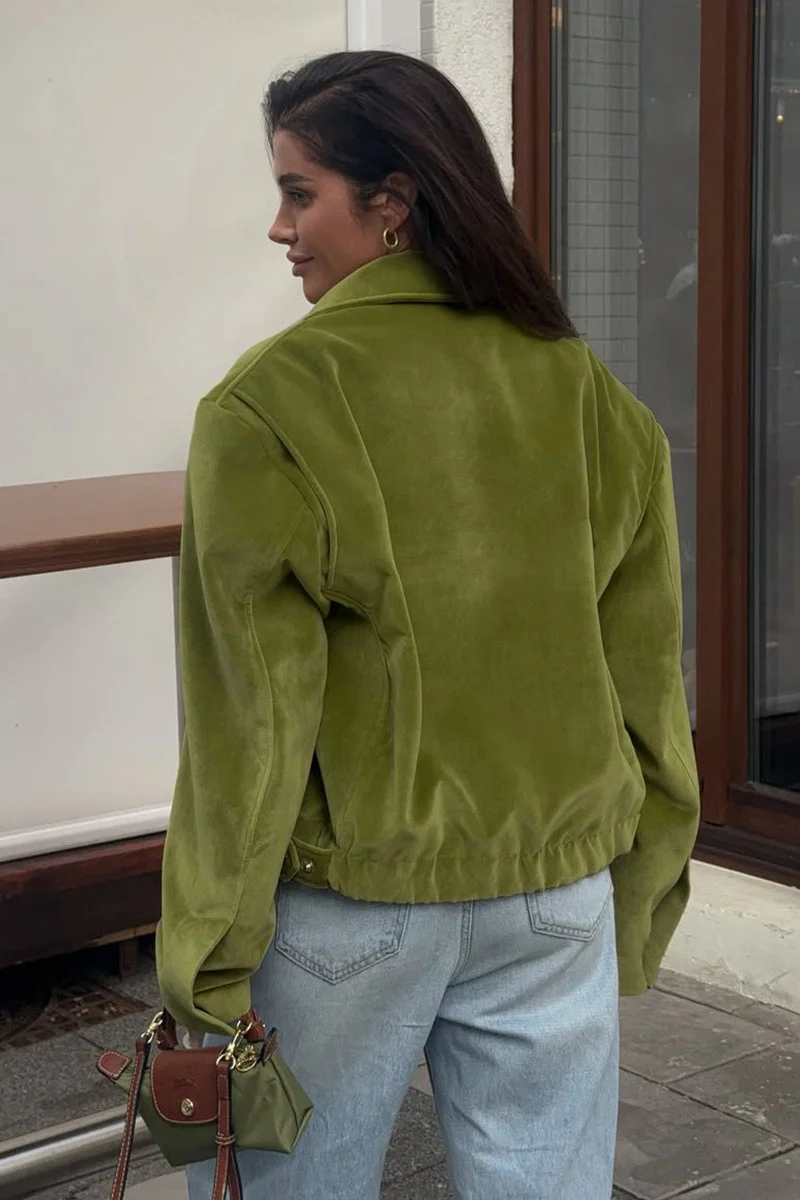 Retro Green Velvet Loose Collared Varsity Jacket - Image 4