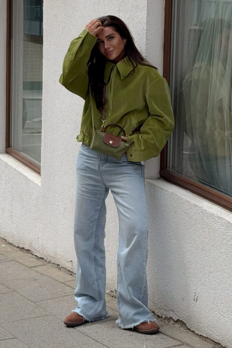 Retro Green Velvet Loose Collared Varsity Jacket - Image 5
