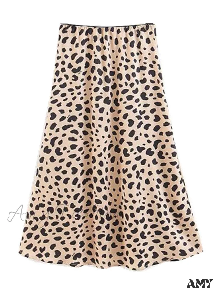 Amy Fashion - Retro High Waist Leopard Print Satin Skirt - Image 2
