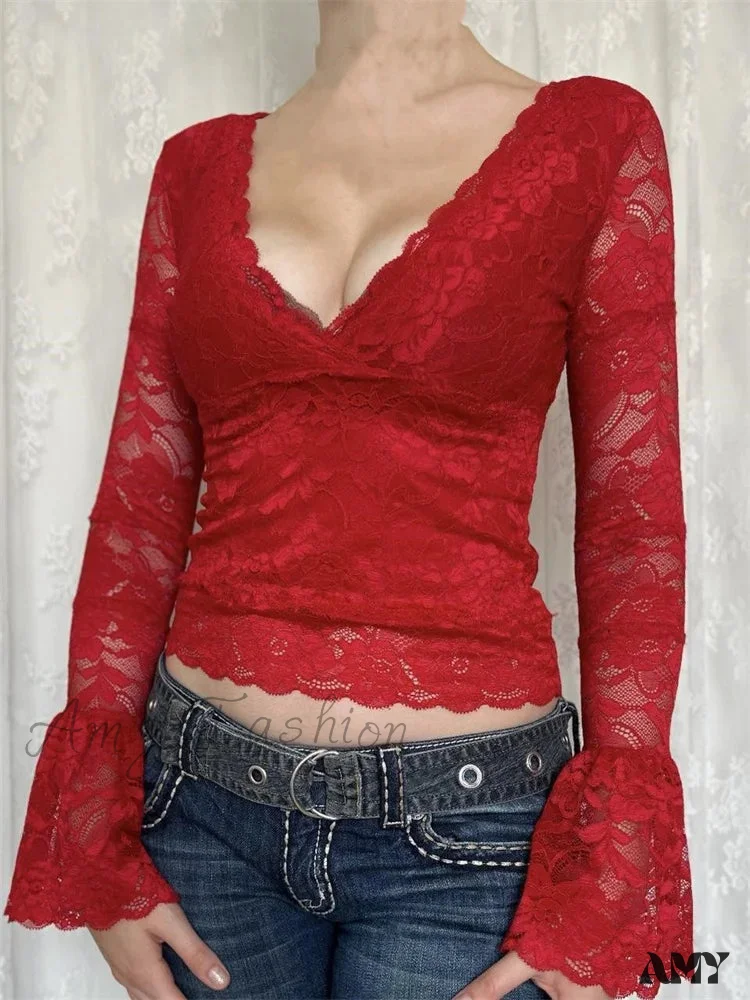 Amy Fashion - Retro Lace Fairy Grunge Deep V Neck Long Flare Sleeve Slim Fit T-shirts - Image 2