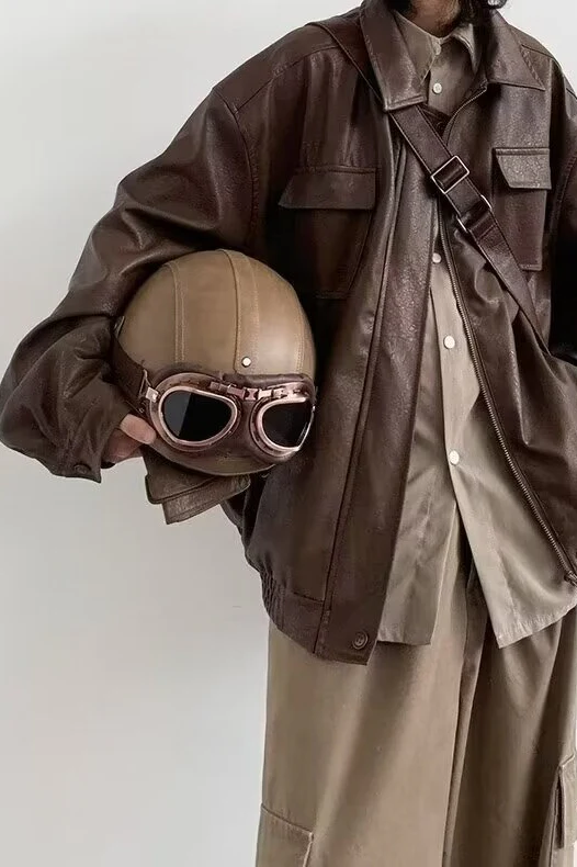 Retro Moto Brown Matte PU Jacket - Image 2