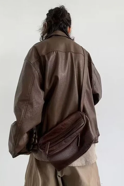 Retro Moto Brown Matte PU Jacket - Image 3