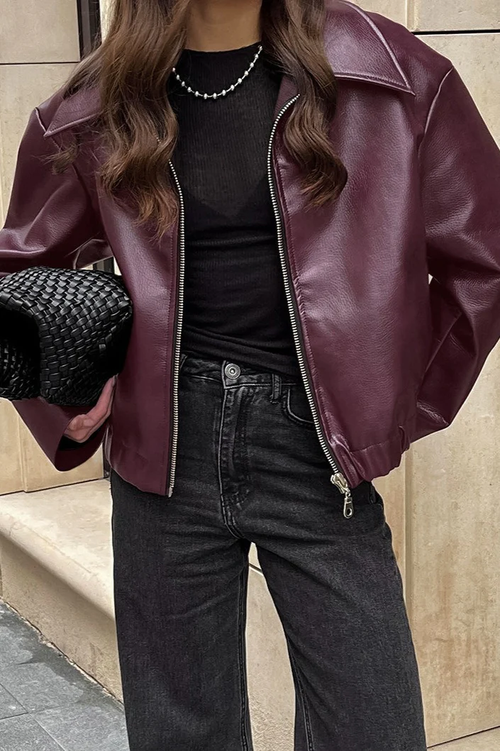 Retro Moto Burgundy Matte Leather Jacket - Image 3