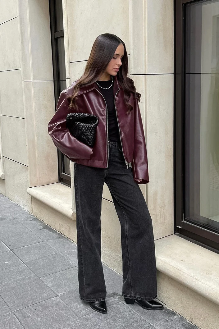 Retro Moto Burgundy Matte Leather Jacket - Image 4