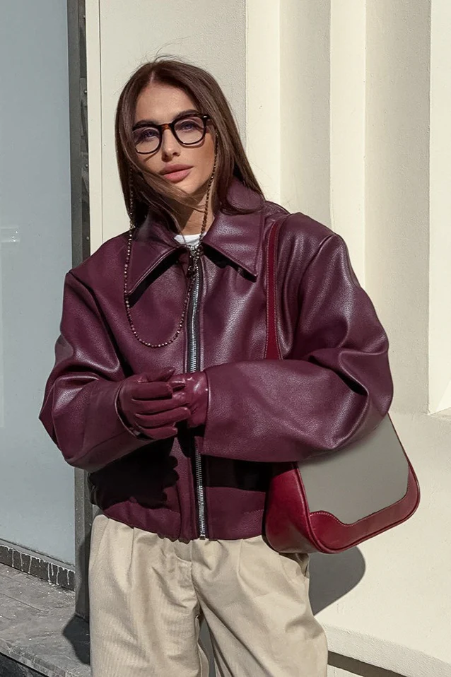 Retro Moto Burgundy Matte Leather Jacket - Image 5