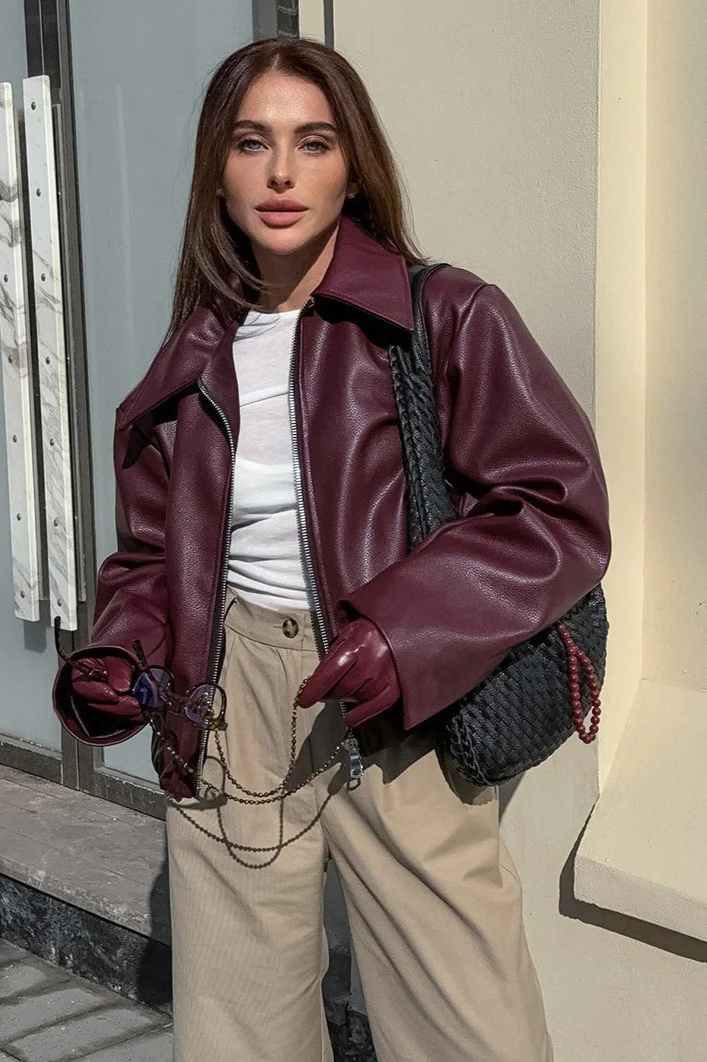Retro Moto Burgundy Matte Leather Jacket - Image 6
