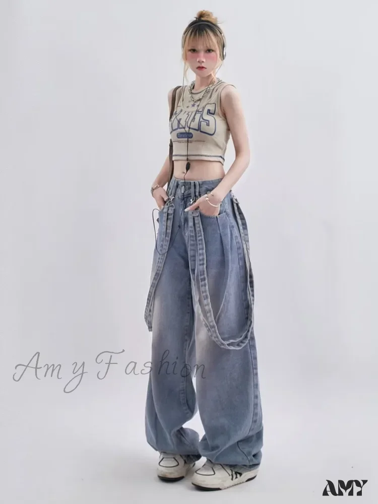 Amy Fashion - Retro Niche Ribbon Design Washable And Distressed Wide Leg High Waisted Autumn Women's Jean - Image 2