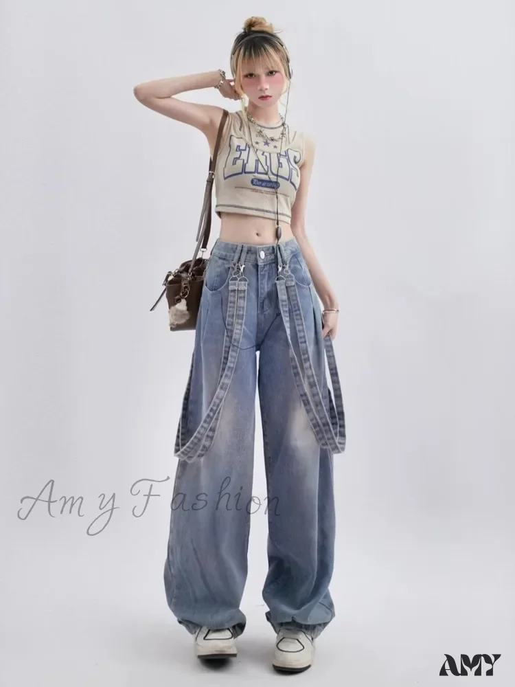 Amy Fashion - Retro Niche Ribbon Design Washable And Distressed Wide Leg High Waisted Autumn Women's Jean - Image 3