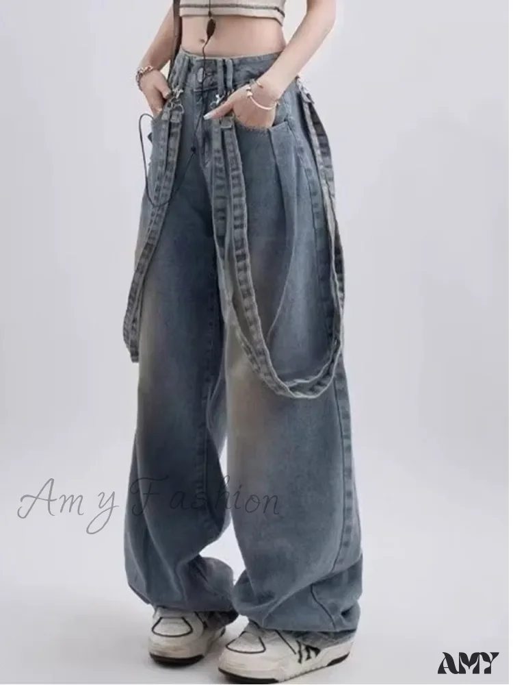 Amy Fashion - Retro Niche Ribbon Design Washable And Distressed Wide Leg High Waisted Autumn Women's Jean - Image 4