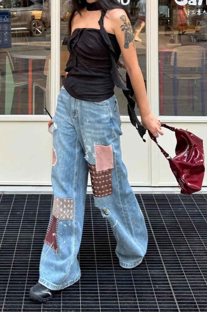 Retro Ripped Patchwork Paint-Splattered Maxi Jeans - Image 2