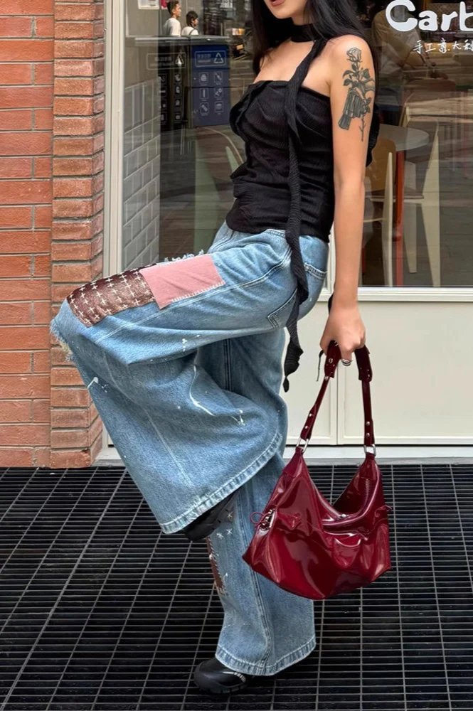 Retro Ripped Patchwork Paint-Splattered Maxi Jeans - Image 3